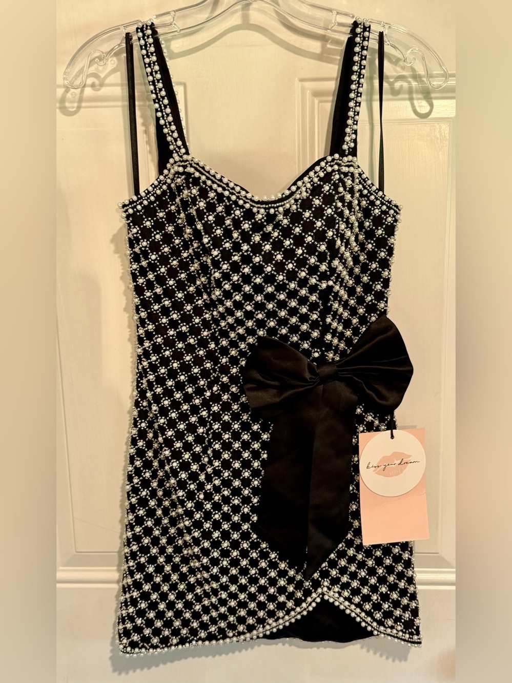 KissProm Cymbeline Black Sheath Beaded Pearl Homecoming Dress with Bow Beaded